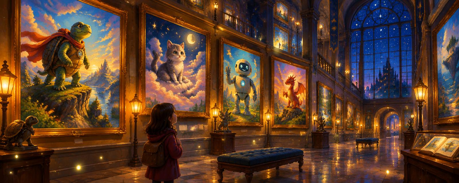 A glowing gallery hall filled with kid-made comic art